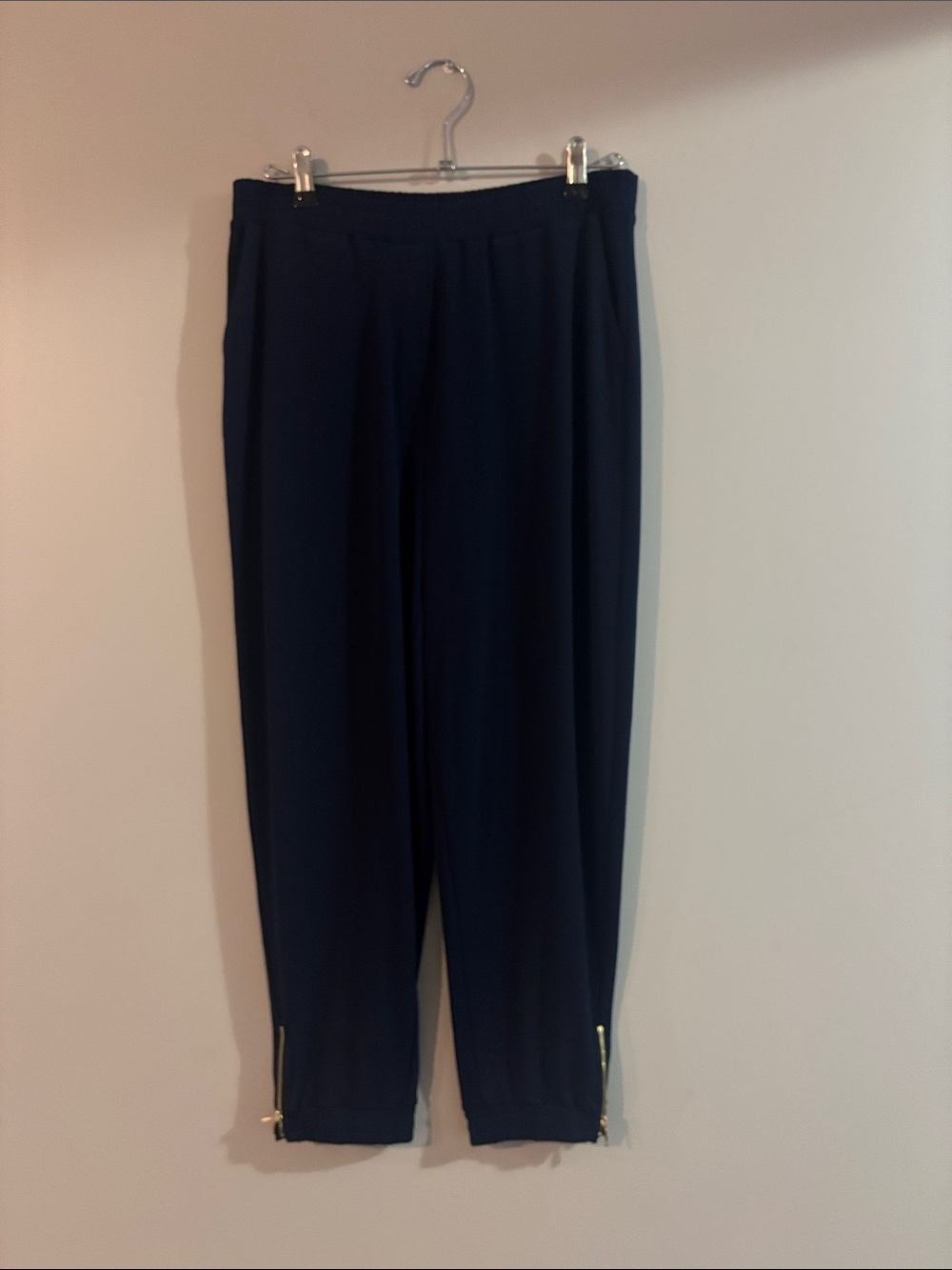 Susan Graver Dark Navy Pull-On Trousers with Gold Ankle Zippers